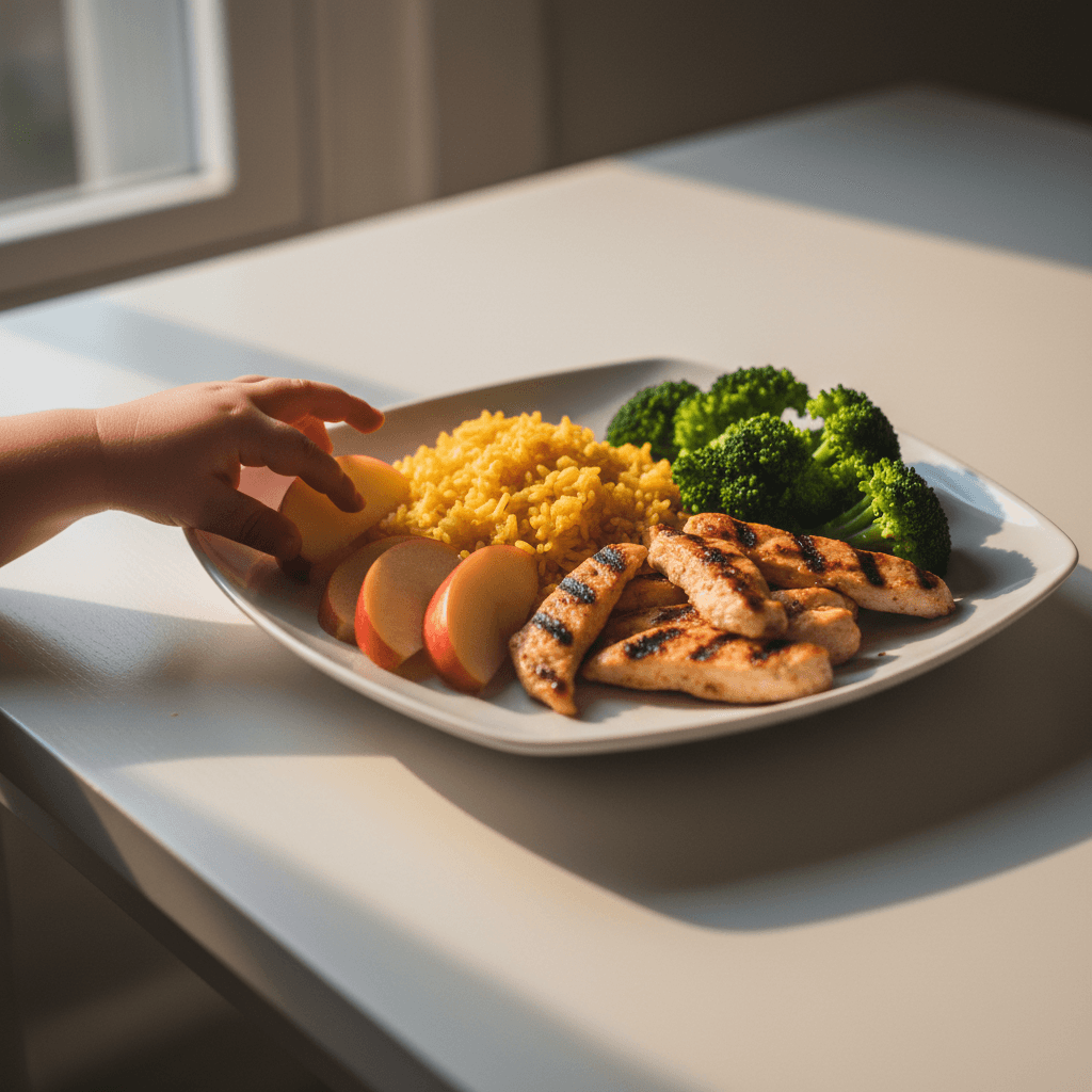 Nutritious meal plate with chicken, vegetables, and fruit for kids