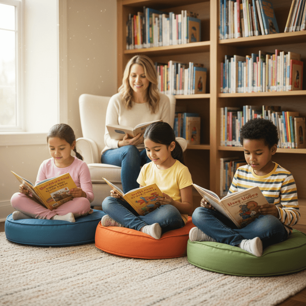 Children reading books together in cozy learning corner