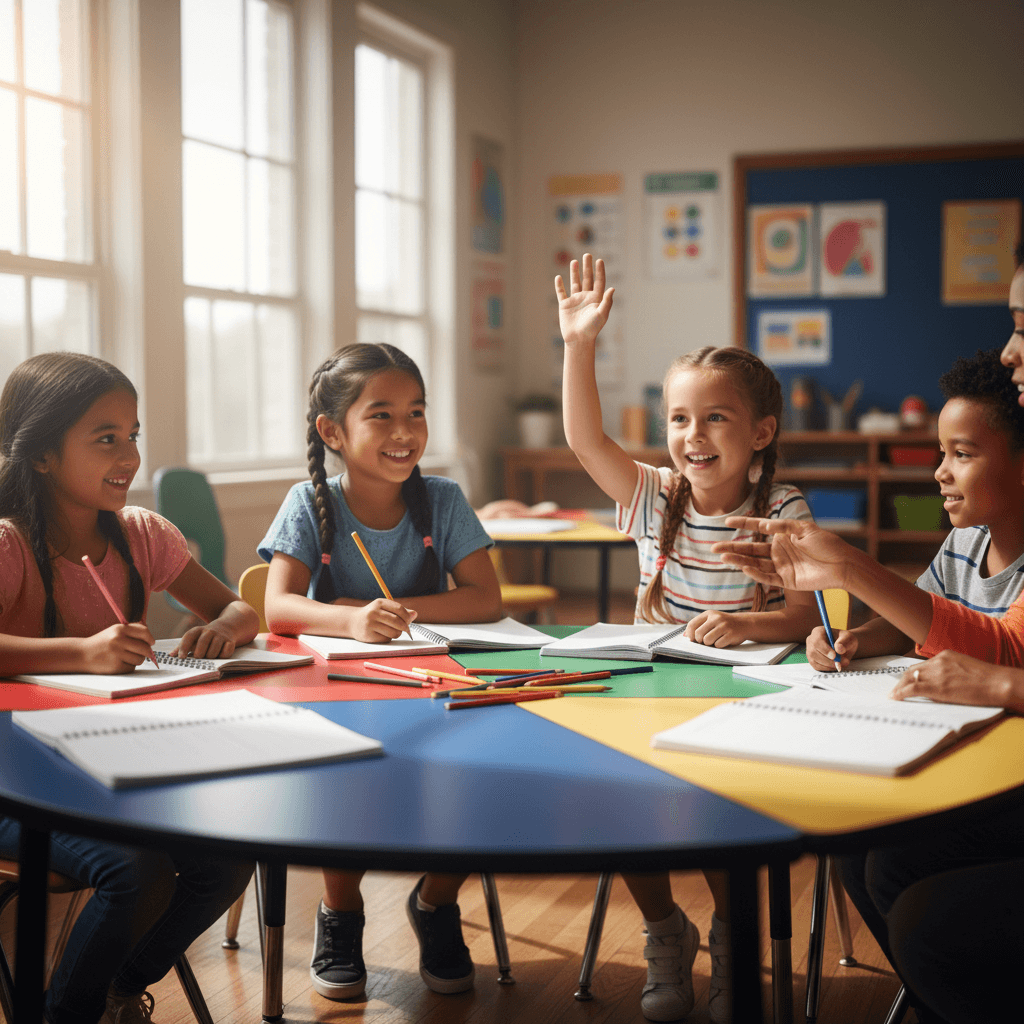 Elementary students doing homework together at colorful table