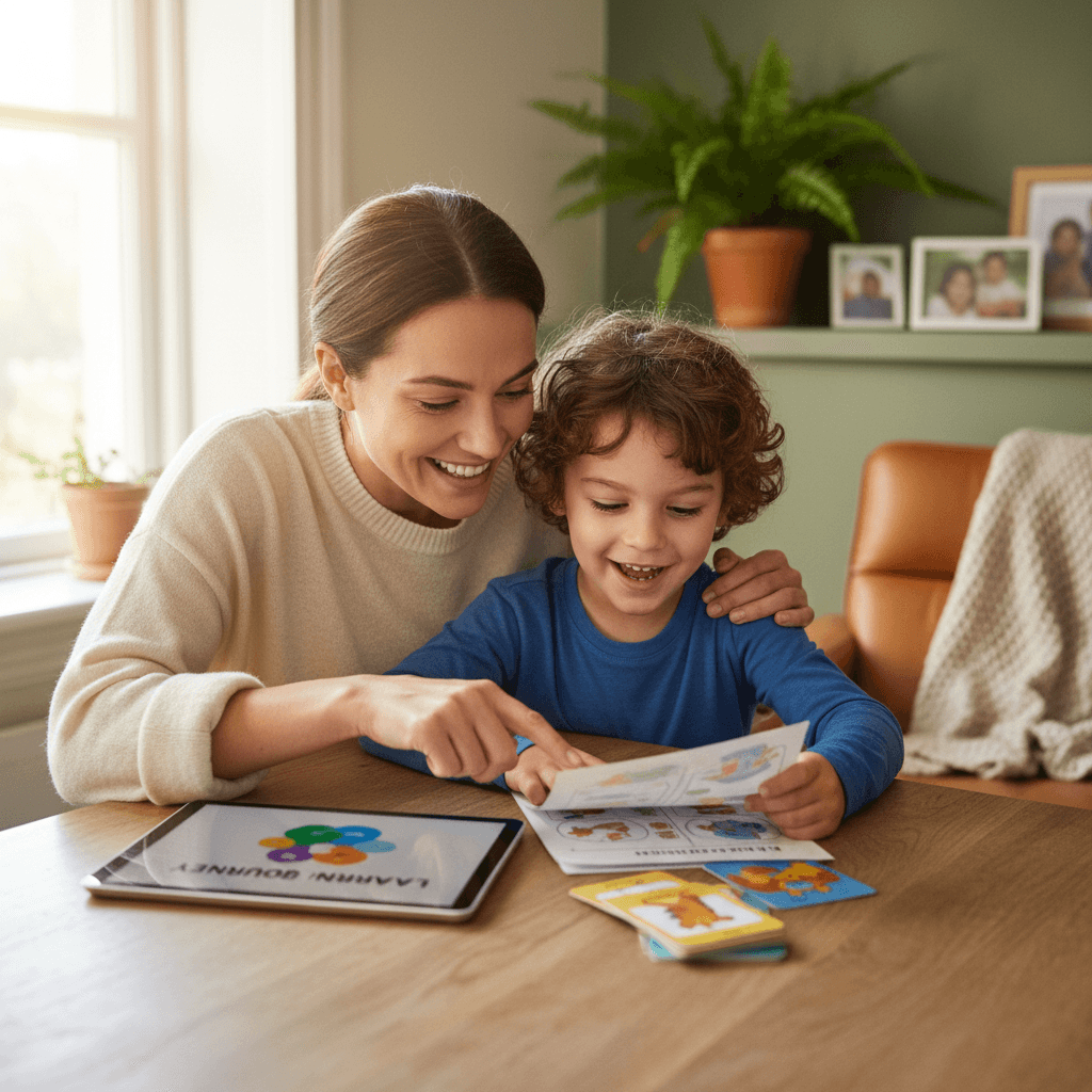 Parent and child celebrating schoolwork together