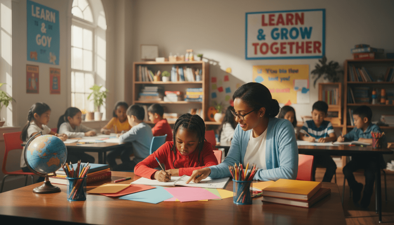 Elementary children engaged in focused learning with supportive educator at Chapman's Learning Lab