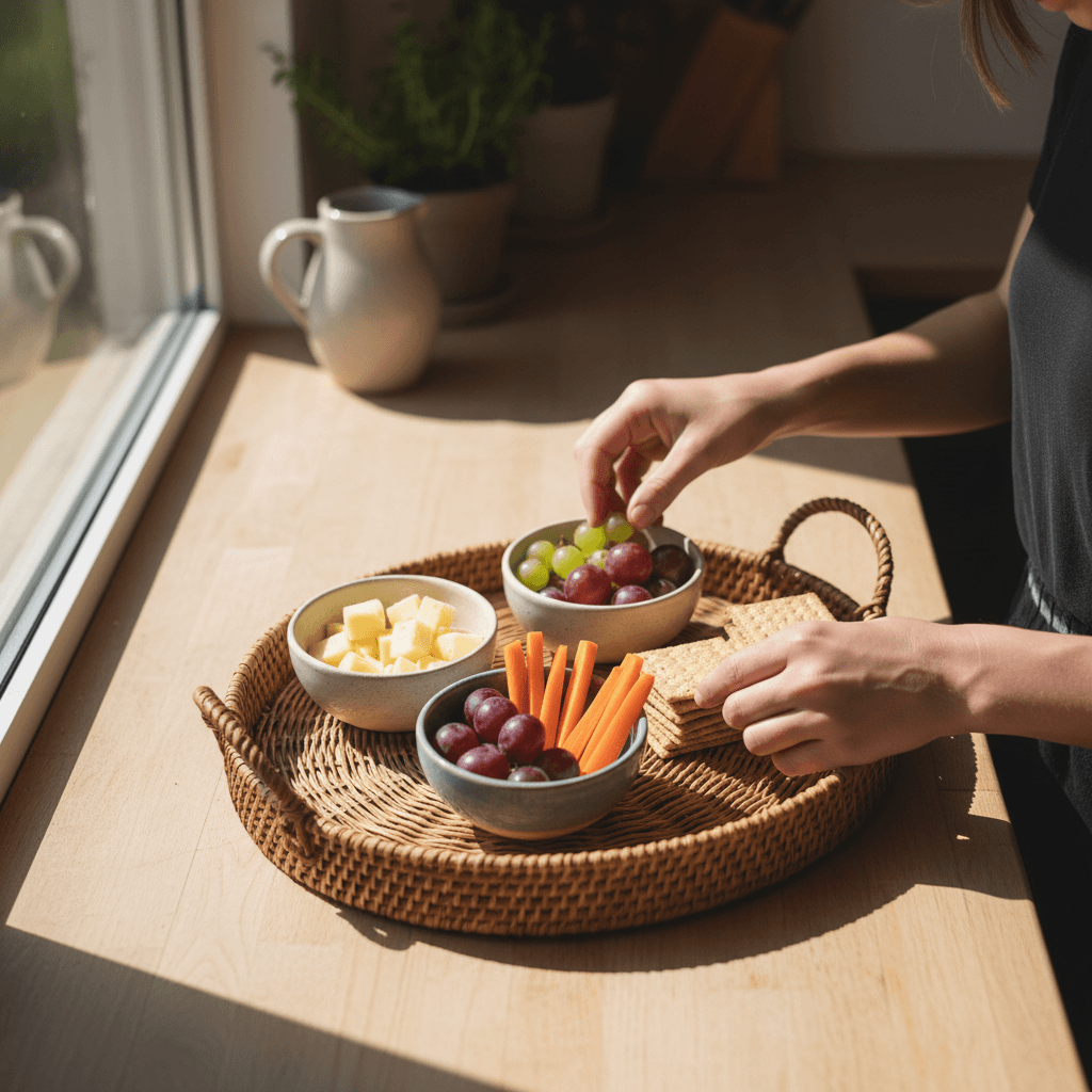 Healthy snack preparation with cheese, fruit, and crackers