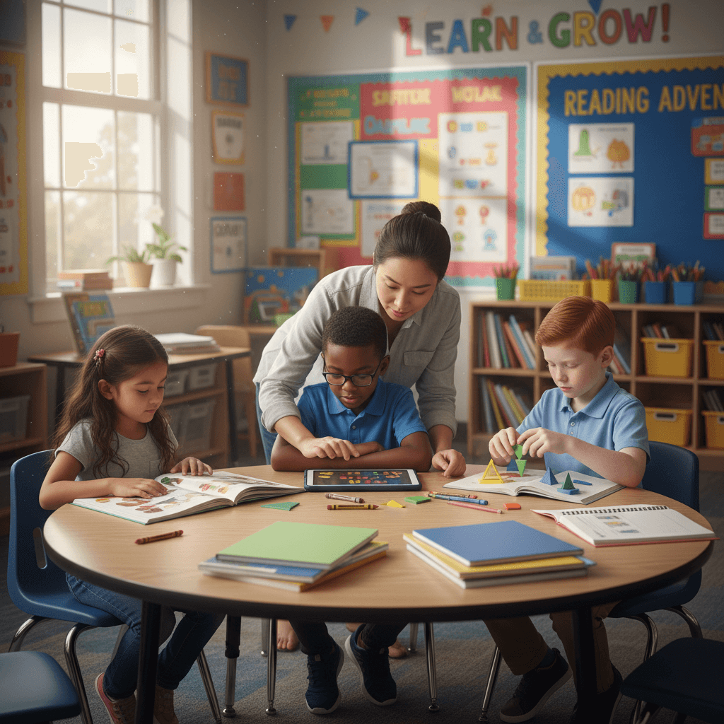 Tutor working with group of students in classroom