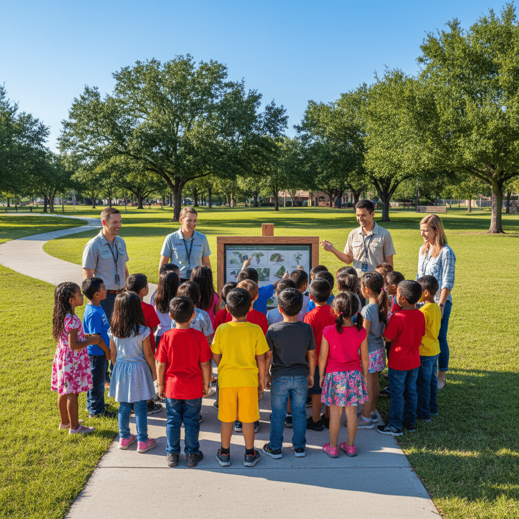 Children and adults on field trip exploring outdoor park