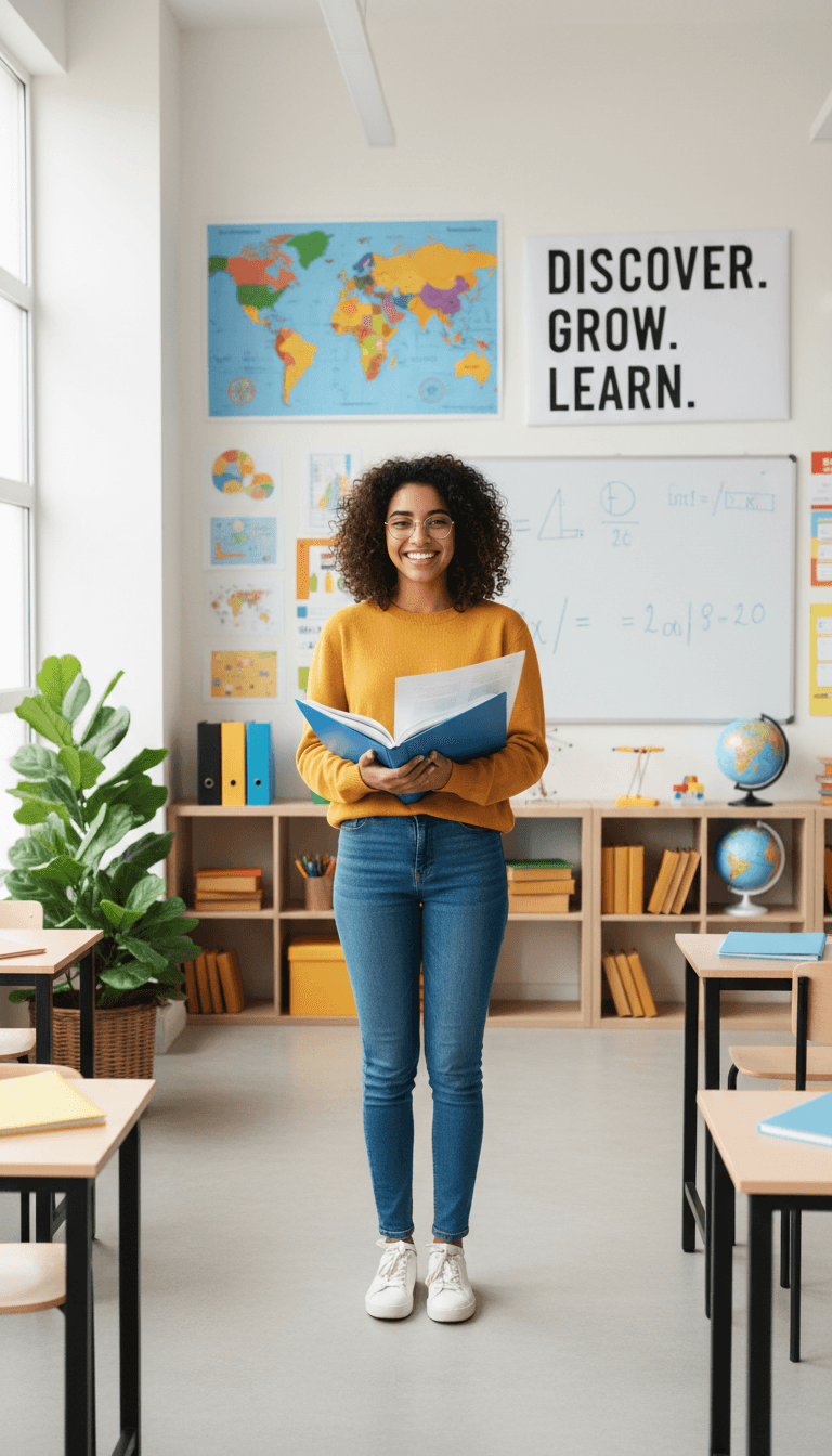 Confident diverse student standing in bright, colorful classroom holding textbook, smiling with educational materials visible behind