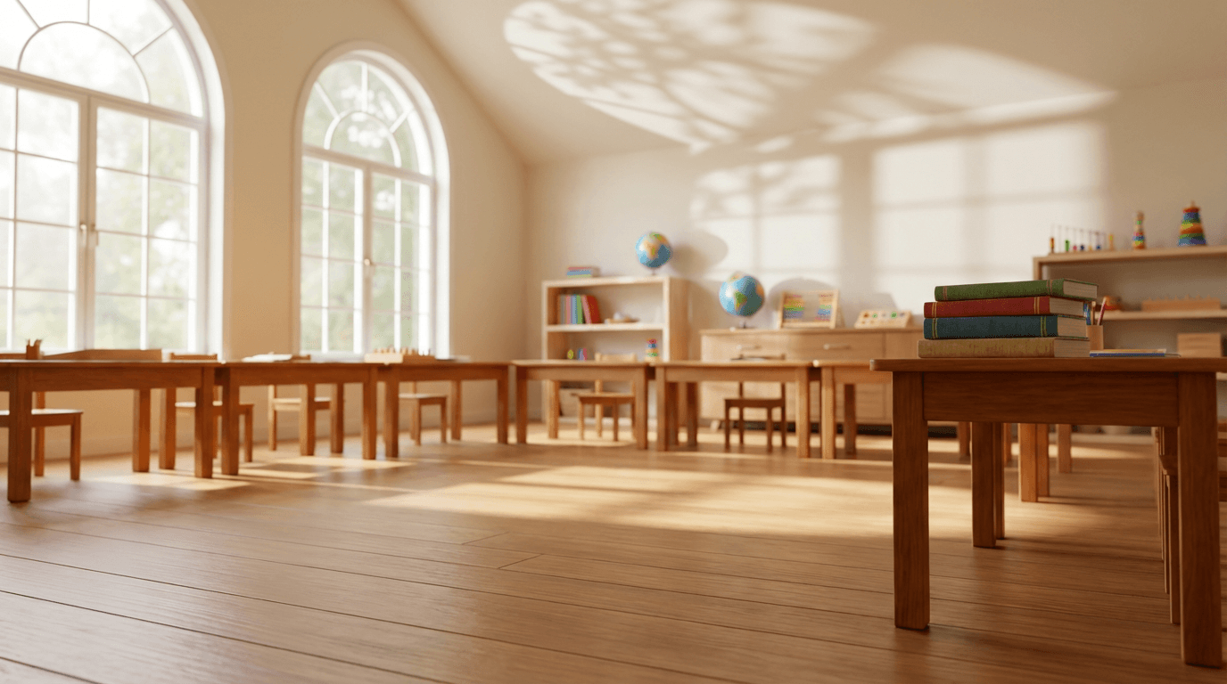 Children and instructor engaged in a collaborative learning activity in a bright, welcoming classroom